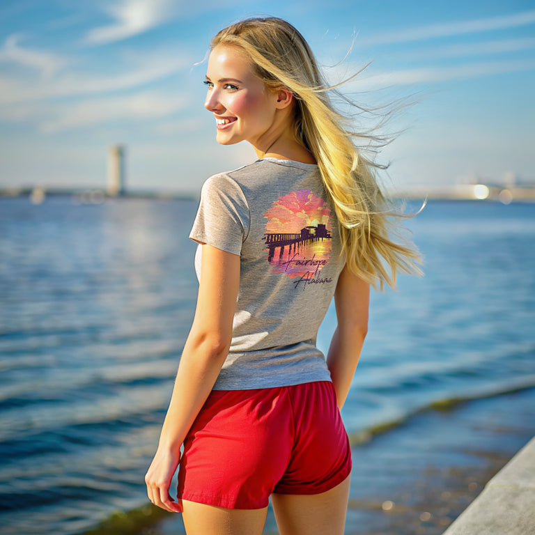 A woman with long blonde hair wearing a gray "Fairhope Sunset - Tee" and red shorts smiles while standing by the waterfront of Mobile Bay. The scene appears to be sunny with blue skies and water in the background.