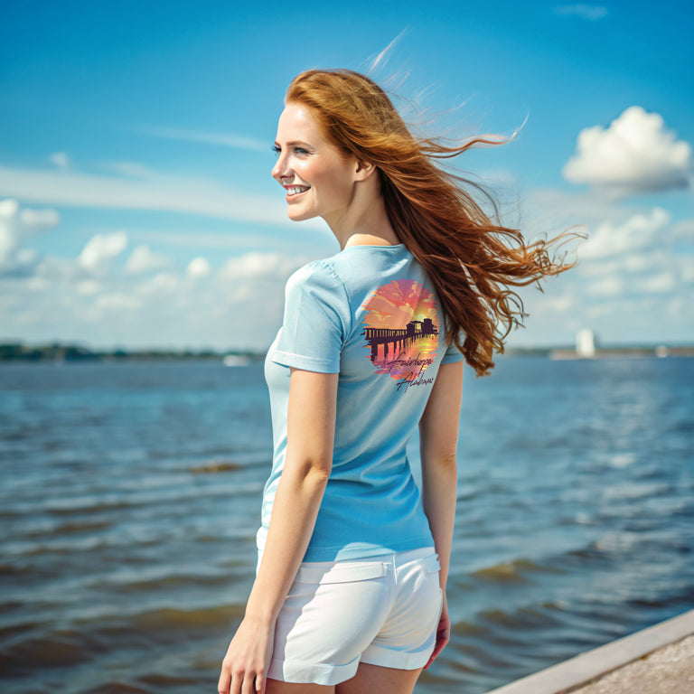 A woman with long red hair, dressed in a light blue Fairhope Sunset Tee and white shorts, stands near Mobile Bay. She smiles and glances to the side, showcasing the T-shirt's sunset graphic on the back that beautifully captures the essence of Fairhope Pier.