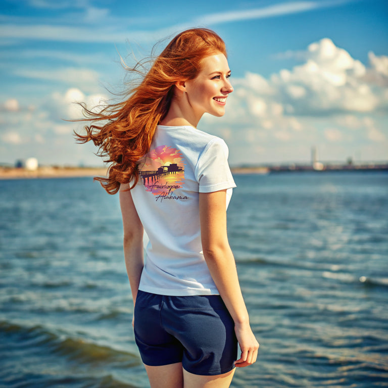 A woman with long red hair smiles as she stands by the water's edge near Mobile Bay. She is wearing a white Fairhope Sunset - Tee and navy shorts. The t-shirt features a colorful graphic on the back. A clear sky and distant shore are visible.